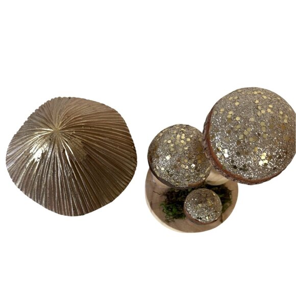 Retro Style Mushroom Figurine Set Golden Glitter Cap Fairy Garden Wood Resin - Picture 4 of 14
